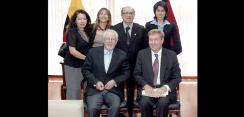 EWMI’s Home Office Rule of Law team Chuck Costello and Mark Dietrich (front row) meeting with USAID representative Lucrecia Tola, EWMI SEJP Director Patricia Esquetini, President of the Judicial Council Dr. Benjamin Cevallos, and legal translator Maria Lo